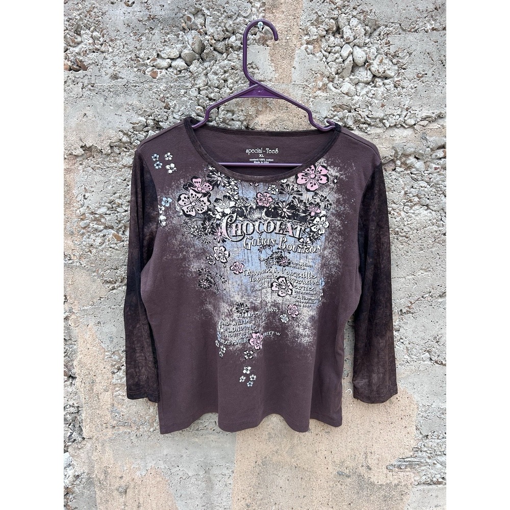 Vintage Y2K Flower N Ring Chocolate Floral Shirt‎ Top Embellished Women Sz XL